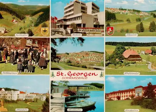 AK / Ansichtskarte 73938241 St_Georgen__Schwarzwald Nussbachtal Rathaus Teilansicht Trachtengruppe Panorama Hirzbauernhof Altersheim Klosterweiher Krankenhaus