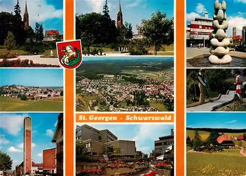 AK / Ansichtskarte 73938243 St_Georgen__Schwarzwald Park Kirche Brunnen Panorama Fliegeraufnahme Minigolf Kirche Rathaus Schwarzwaldhaus