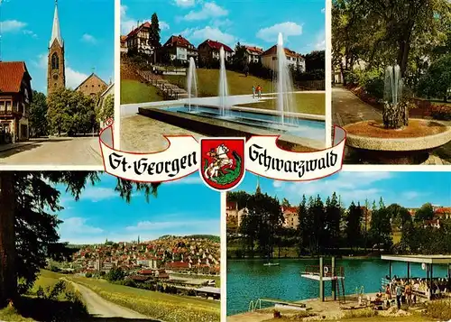 AK / Ansichtskarte 73938247 St_Georgen__Schwarzwald Kirche Wasserspiele Brunnen Panorama Strandbad