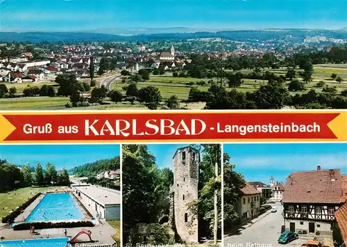 AK / Ansichtskarte 73938254 Langensteinbach_Karlsbad_Karlsruhe_BW Panorama Schwimmbad St Barbarakapelle Am Rathaus