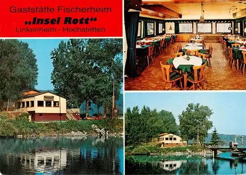 AK / Ansichtskarte 73938307 Hochstetten_Linkenheim-Hochstetten Fischerei Roth Gasthaus Waldfrieden Insel Rott Gastraum Fischerboot