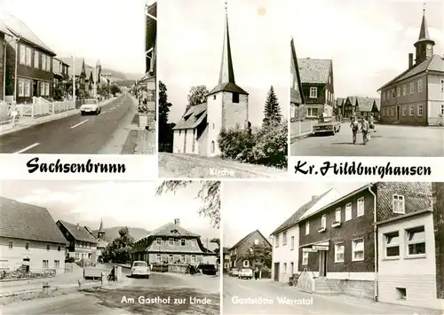 AK / Ansichtskarte 73938625 Sachsenbrunn Strasse Kirche Rathaus Gasthof zur Linde Gaststaette Werratal