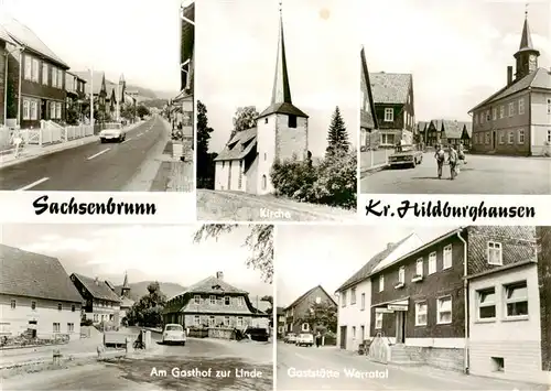 AK / Ansichtskarte  Sachsenbrunn Strasse Kirche Rathaus Gasthof zur Linde Gaststaette Werratal