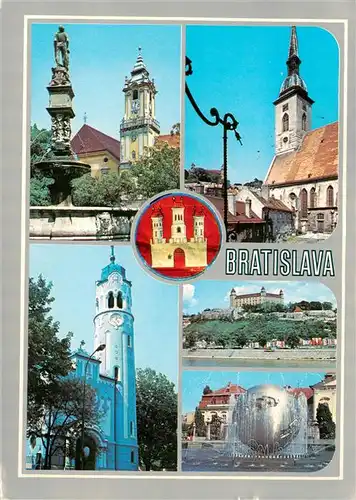 AK / Ansichtskarte 73938631 Bratislava_Pressburg_Pozsony_SK Namestie radnicnou vezou Dom sv Martina Modry kostolik Pohlad na hrad Fontana na Mierovom namesti