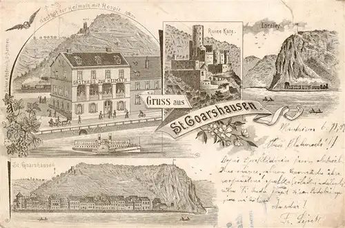 AK / Ansichtskarte  St_Goarshausen_Rhein Gasthof zur Heimath mit Hospiz Ruine Katz Loreley St Goarshausen