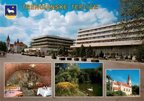 AK / Ansichtskarte  Trencianske_Teplice_SK Hotel Jalta liecebny dom Krm Interieir vinarne II Rimskej Legie Labutie jazero v Kupelnom parku Rim kath kosto