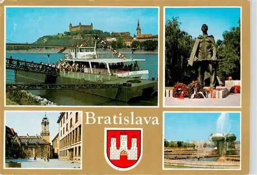 AK / Ansichtskarte 73939234 Bratislava_Pressburg_Pozsony_SK Rekreacna lod Kamzik na Dunaji Symbol partizana z parmatnikaSNP na namesti SNP Neogoticka casistarej radnice Namestie Kl Gottwalda