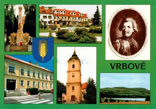 AK / Ansichtskarte 73939291 Vrbove_Slovakia Pamatnik Polyfunkcny dom Portret MA Benovskeho Budova Mestskeho uradu Mestska sikma veza s rim kat kostolom Vodna nadrz Crenec