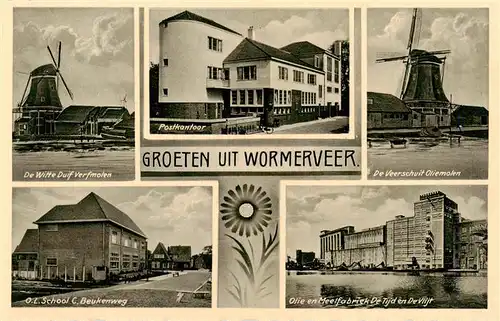 AK / Ansichtskarte 73939577 Wormerveer_Zaanstad_NL De Witte Dorf Verfmalen Postkantoor De Veerschuit Oliemalen School C Beukenweg Olie en Meelfabriek De Tijd en De Vlijt