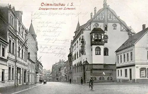 AK / Ansichtskarte 73939585 Crimmitschau_Sachsen Leipzigerstrasse mit Lutherhof
