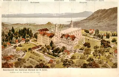 AK / Ansichtskarte  St_Gallen_SG Sanatorium Oberwaid Bodensee Alpen aus der Vogelperspektive Kuenstlerkarte