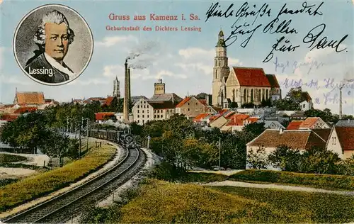 AK / Ansichtskarte 73939973 Kamenz_Sachsen Ansicht mit Kirche Eisenbahn Dampflokomotive Geburtsstadt des Dichters Lessing Portrait