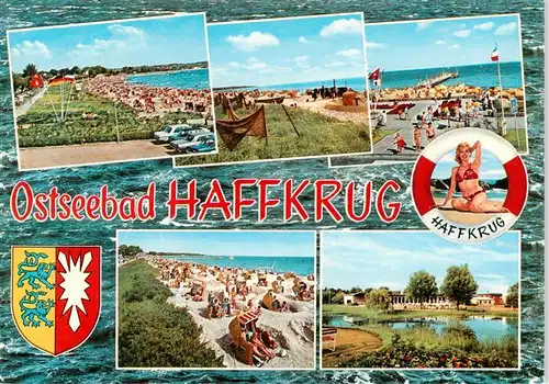 AK / Ansichtskarte 73940514 Haffkrug_Scharbeutz_Ostseebad Strand Promenade Rettungsring Badenixe