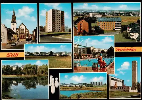 AK / Ansichtskarte  Selb_Oberfranken_Bayern Teilansichten Hochhaus Kirche Freibad