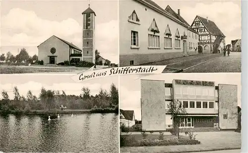 AK / Ansichtskarte 73940661 Schifferstadt Kirche Ortspartie Schwanenteich Rathaus