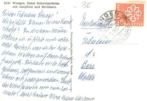 AK / Ansichtskarte  Wengen__BE Hotel Schweizerheim mit Jungfrau und Breithorn