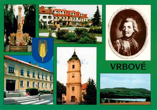 AK / Ansichtskarte  Vrbove_Slovakia Pamaetnik MR Stefanika Polyfunkcny dom Portret MA Benovskeho Budova Mestskeho uradu Mestska sikma veza s rim kat kostolom Vodna nadrz Cerenec