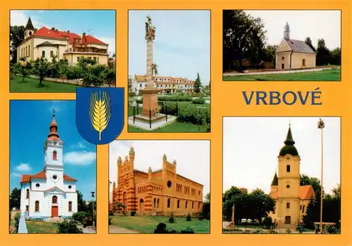 AK / Ansichtskarte  Vrbove_Slovakia Pamaetnik MR Stefanika Polyfunkcny dom Portret MA Benovskeho Budova Mestskeho uradu Mestska sikma veza s rim kat kostolom Vodna nadrz Cerenec