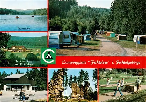 AK / Ansichtskarte  Fichtelberg_Fichtelgebirge_Bayreuth Campingplatz Fichtelsee Hallenbad Brueder am Rudolfstein Felsformationen Minigolf