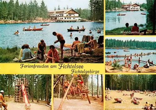 AK / Ansichtskarte 73941269 Fichtelberg_Fichtelgebirge_Bayreuth Ferienfreuden am Fichtelsee Kinderspielplatz Liegewiese Strand Waldgasthof