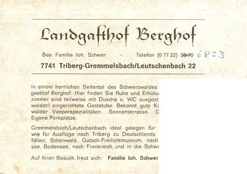 AK / Ansichtskarte 73941464 Leutschenbach_Gremmelsbach_Triberg Landgasthof Berghof Gastraeume