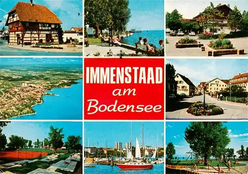 AK / Ansichtskarte 73941489 Immenstaad_Bodensee Fliegeraufnahme Fachwerkhaus Promenade Park Strassenpartie Tennisplatz Bootshafen Spielplatz