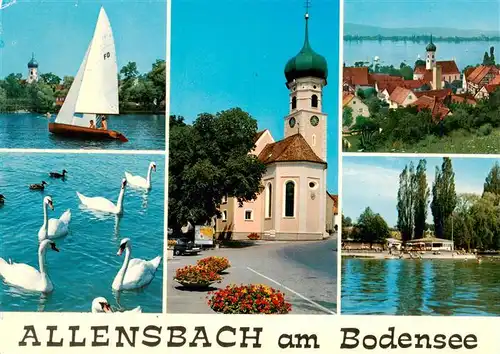 AK / Ansichtskarte 73941496 Allensbach_Bodensee Segeln Schwaene Kirche Bodenseepartien