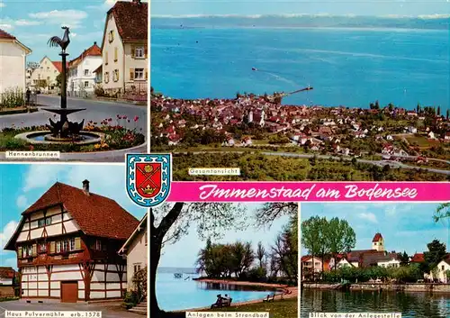 AK / Ansichtskarte  Immenstaad_Bodensee Hennenbrunnen Fliegeraufnahme Haus Pulvermuehle Anlagen am Strandbad Blick von der Anlegestelle