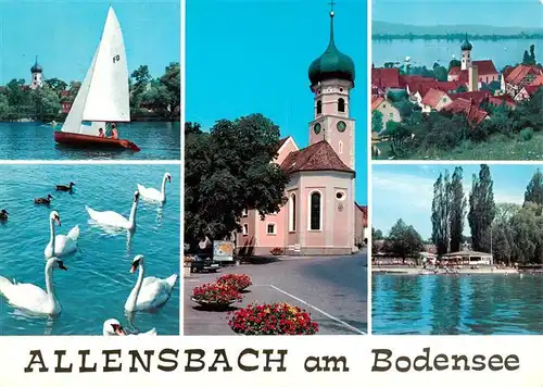 AK / Ansichtskarte 73941509 Allensbach_Bodensee Segeln Schwaene Kirche Panorama Strandpavillon