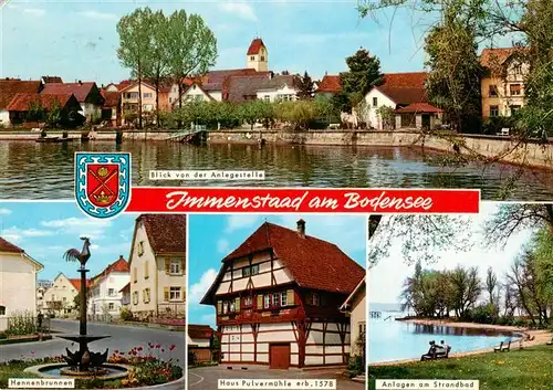 AK / Ansichtskarte  Immenstaad_Bodensee Hennenbrunnen Fliegeraufnahme Haus Pulvermuehle Anlagen am Strandbad Blick von der Anlegestelle