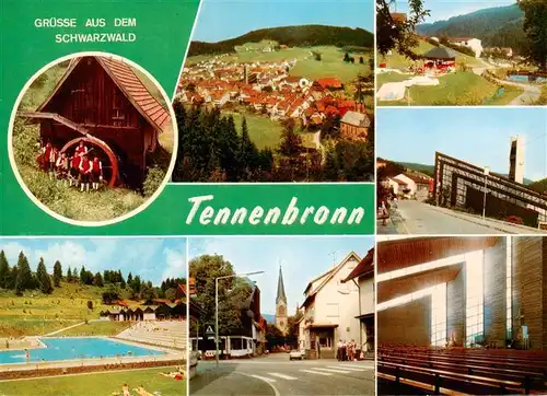 AK / Ansichtskarte 73941578 Tennenbronn Trachtengruppe Fliegeraufnahme Panorama Schwimmbad Kirche Inneres