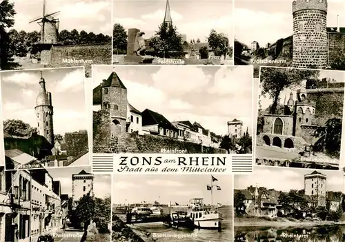 AK / Ansichtskarte  Zons_Rhein Muehlenturm Feldstrasse Kroetschenturm Judenturm Rheinfront Freilichtbuehne Rheinstrasse Bootsanlegestelle Rheinturm