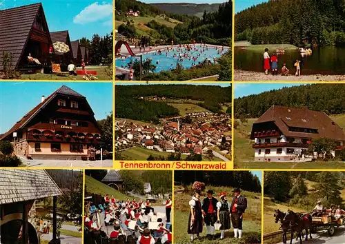 AK / Ansichtskarte 73941858 Tennenbronn Bungalows Schwimmbad Teich Hotel Loewen Panorama Kurkonzert Trachten Pferdekutsche