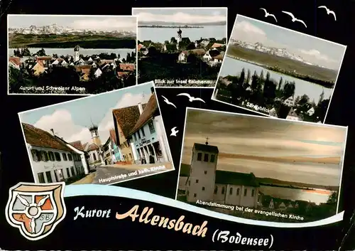 AK / Ansichtskarte 73942076 Allensbach_Bodensee Panorama Insel Reichenau Saentisblick Hauptstrasse und kath Kirche Ev Kirche Abendstimmung