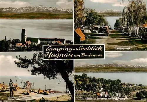 AK / Ansichtskarte  Hagnau_Bodensee Panorama mit Kirche Camping Seeblick Campingstrasse Badestrand Schweizer Alpen Blick