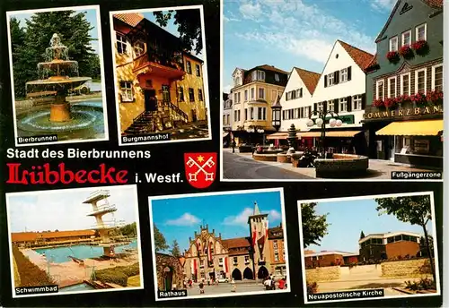 AK / Ansichtskarte 73942230 Luebbecke_Westfalen Bierbrunnen Burgmannshof Fussgaengerzone Freibad Rathaus Neuapostolische Kirche