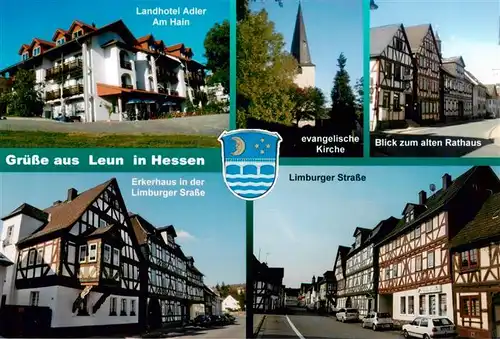 AK / Ansichtskarte 73942238 Leun_Lahn Landhotel Adler Kirche Rathaus Fachwerkhaeuser Limburger Strasse Erkerhaus