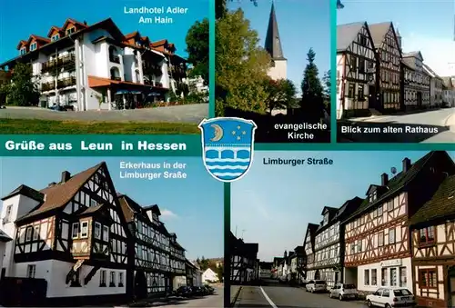 AK / Ansichtskarte  Leun_Lahn Landhotel Adler Kirche Rathaus Fachwerkhaeuser Limburger Strasse Erkerhaus