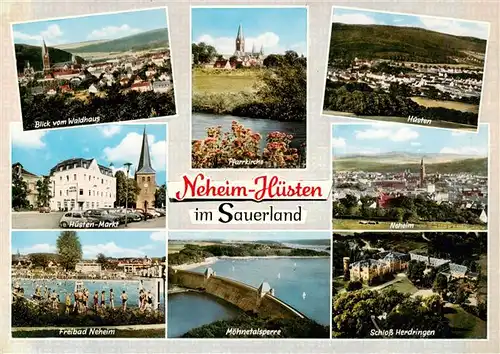 AK / Ansichtskarte 73942447 Neheim-Huesten Panorama Kirche Huesten Markt Neheim Freiba Moehnetalsperre Schloss Herdringen