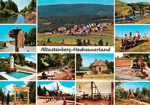 AK / Ansichtskarte 73942469 Altastenberg Kanal Panorama Wassertreten Wegweiser Brunnen Park Kirche Spielplatz Teilansichten