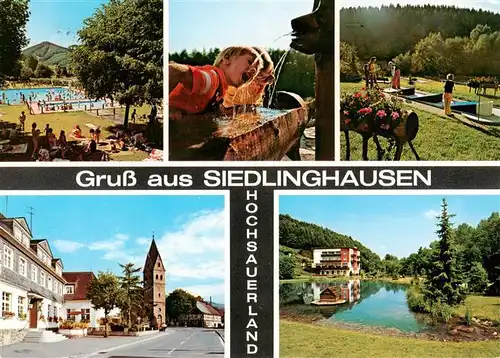 AK / Ansichtskarte 73942476 Siedlinghausen_Winterberg Freibad Brunnen Minigolf Kirche Park