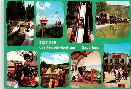 AK / Ansichtskarte 73942521 Bestwig Fort Fun Rodelbahn Sessellift Planwagen Lokomotive Zeltdorf Saloon
