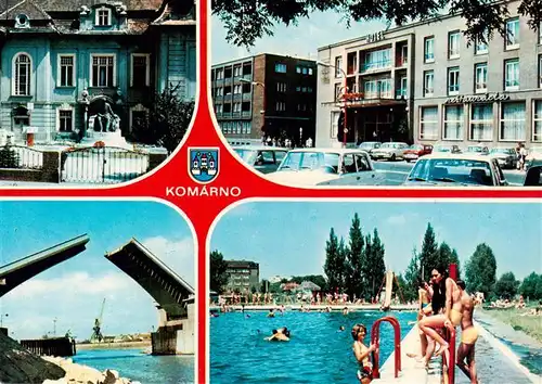 AK / Ansichtskarte  Komarno_Komarom_Slovakia Pomnik M Jokaiho na nadvori Podunajskeho muzea Interhotel Europa Sklapaci most Termalne kupalisko