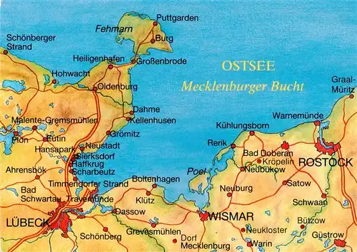 AK / Ansichtskarte 73942632 Mecklenburg_Region Mecklenburger Bucht Gebietskarte mit Luebeck Wismar Rostock