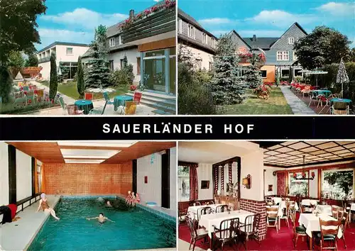 AK / Ansichtskarte  Wenholthausen_Eslohe_Sauerland Gasthof Sauerlaender Hof Gastraum Freiterrasse Hallenbad