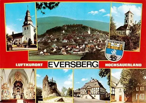 AK / Ansichtskarte 73942826 Eversberg_Meschede Kirchen Inneres Panorama Turmruine Rathaus