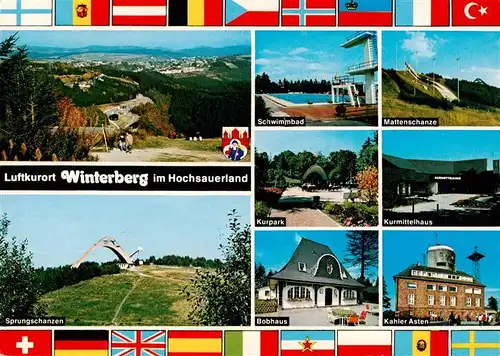 AK / Ansichtskarte  Winterberg__Hochsauerland_NRW Panorama Sprungschanze Schwimmbad Mattenschanze Kurpark Kurmittelhaus Bobhaus Kahler Asten