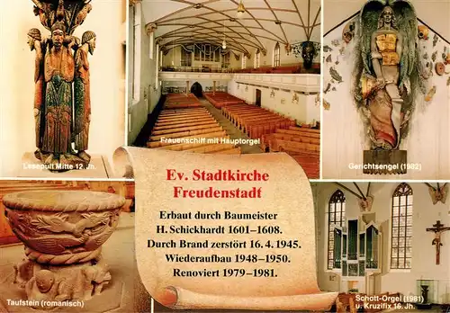 AK / Ansichtskarte 73942971 Freudenstadt Ev. Stadtkirche Lesepult Taufstein Frauenschiff Hauptorgel Gerichtsengel Schott-Orgel Kruzifix