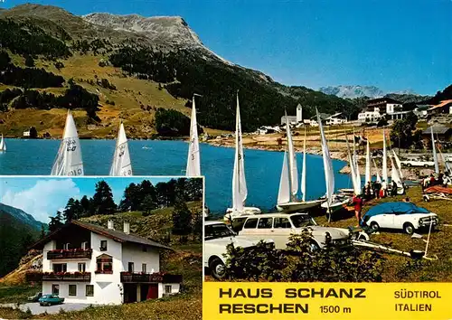 AK / Ansichtskarte 73942982 Reschen_See_Tirol Gaestehaus Haus Schanz Partie am See Segelboote