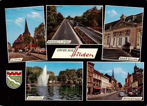 AK / Ansichtskarte  Hilden__Mettmann Kirche Gondelteich Schloss Benrath Mittelstrasse Autobahn